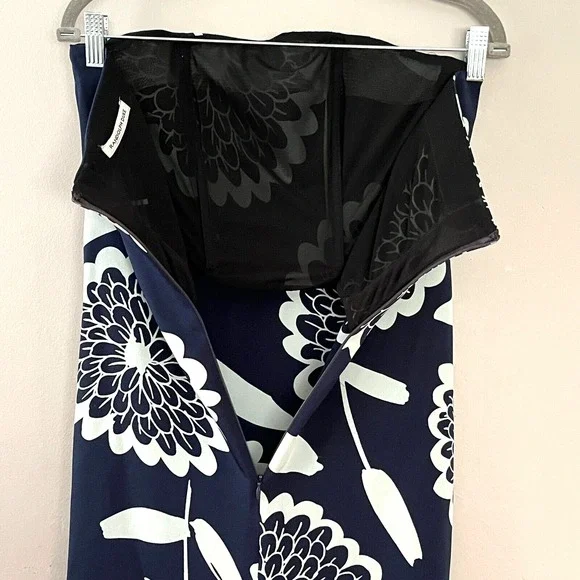 Vtg. Randolph Duke Dress Silk Strapless Maxi Faux Wrap Navy Floral XS Asymmetric